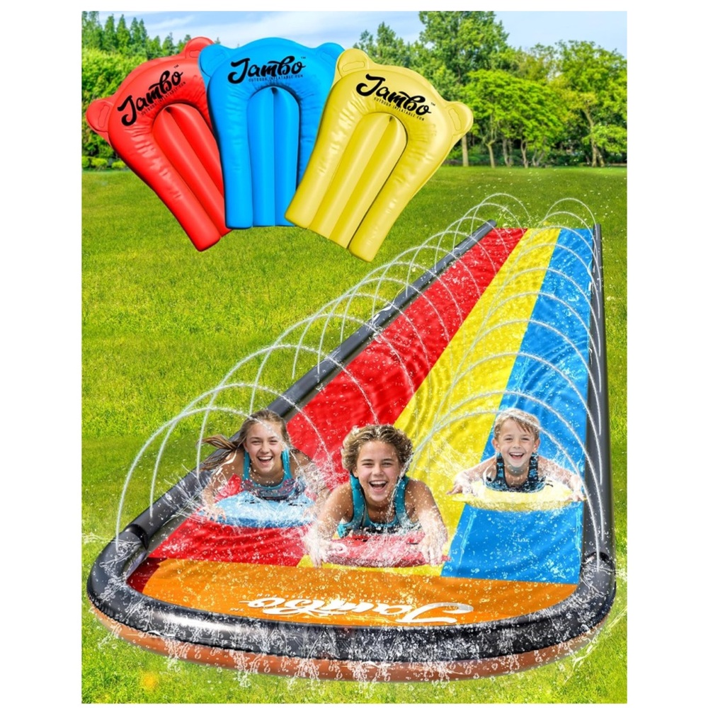 JAMBO 16Ft Premium 3 Lane Slip Splash and Slide with‎ Bodyboards